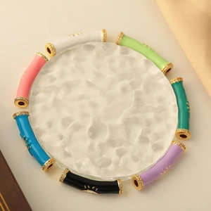 Rainbow enamel bamboo curved tube pendants with 18k gold plating and zircon accents