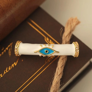 18K gold plated evil eye cylinder pendant with white enamel and sparkling zircons