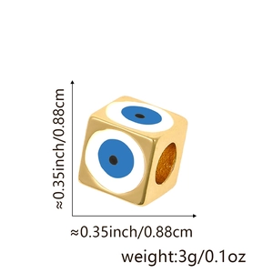 Detailed size view of a golden cubic Evil Eye bead with dimensions for DIY jewelry making