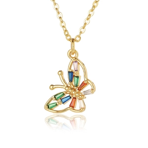 Minimalist gold butterfly pendant necklace with colorful stones on white background