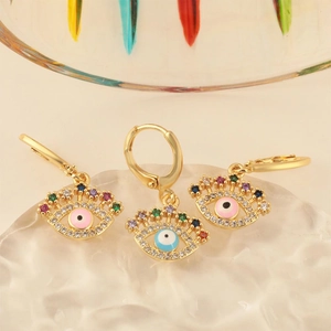 Dreiteiliges Set vergoldeter Evil Eye Ohrringe mit bunten Zirkoniasteinen und Emaille