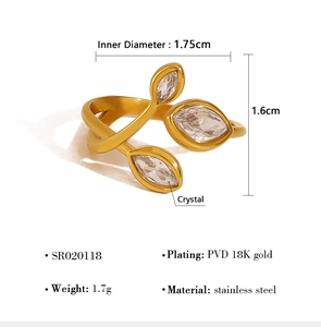 Detailed view of gold leaf ring with crystal stones and 18K PVD plating measurements