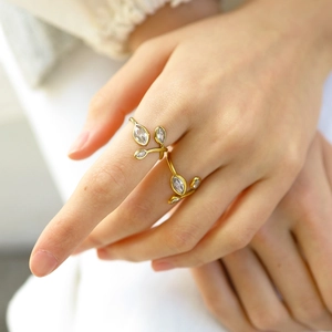 Stainless Steel 18K Gold Plated Marquise Zircon Leaf Open Ring For Women Adjustable Branch Finger Jewelry Ring