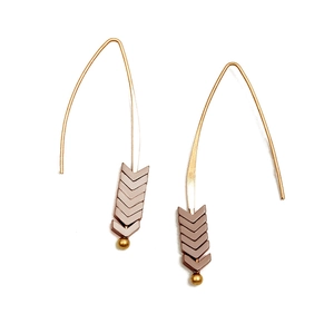 Minimalist gold chevron drop earrings featuring matte brown stacked V-shaped elements
