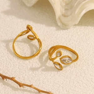 Leaf design 18K gold plated stainless steel open ring with marquise zircon stones