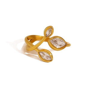 Adjustable 18K gold-plated stainless steel leaf ring with marquise-cut zircon stones