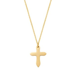 Minimalist gold stainless steel cross necklace featuring a sleek polished pendant design