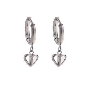 Detail of silver heart-shaped hoop earrings with D-letter interior design on white background