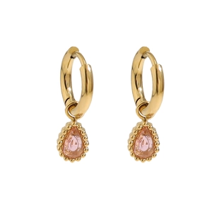 Vintage gold hoop earrings with pear-cut pink stone pendants and milgrain detailing