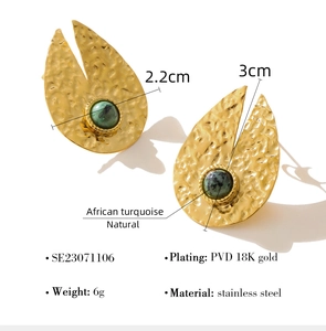 Detail of 18K gold-plated hammered leaf earrings with natural African turquoise stones