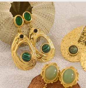 Detail of 18K gold-plated teardrop earrings featuring natural green stone and agate beads