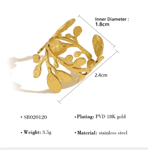 Detailed view of leaf-shaped open ring with 18K gold plating and hammered texture