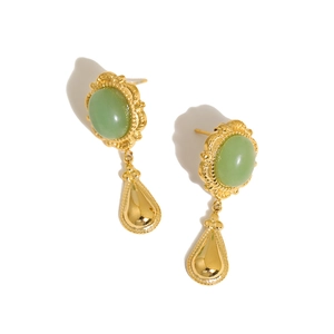 18K gold plated drop earrings featuring green oval stones and vintage teardrop charms