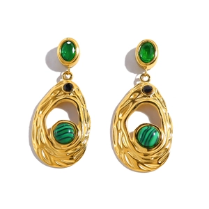 Detail of 18K gold drop earrings featuring green malachite and emerald-like stones