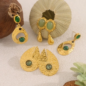 Vintage 18K gold-plated earrings with natural green stone accents and hammered texture