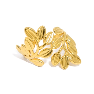 Minimalist gold leaf titanium steel ring with double-sided leaf design and adjustable band