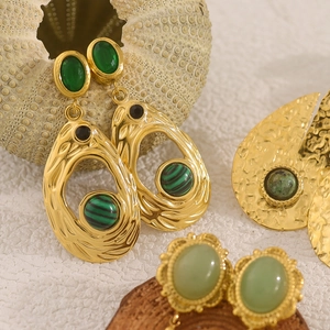 Retro 18K gold plated drop earrings featuring vintage green natural stone insets