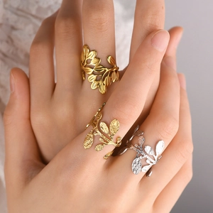 Stainless Steel Leaf Branch Opening Rings For Women PVD 18K Gold Plated Hammered Texture Adjustable Jewelry Finger Ring