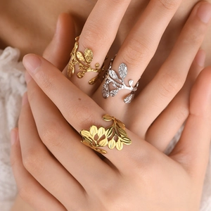 Three-piece leaf design adjustable rings set in gold and silver finish for women