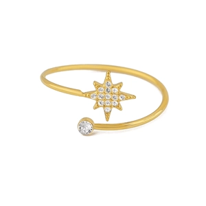 Detail van een gouden open armband met een micro-pave ster en kristallen accenten