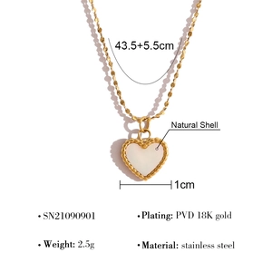 Detailed specs of heart shell pendant necklace in stainless steel with 18K gold PVD coating