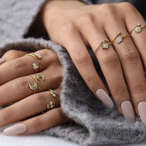 18K Gold Plated Stainless Steel Open Ring For Women Rhinestone Inlaid Heart Star Moon Adjustable Fashion Jewelry Ring