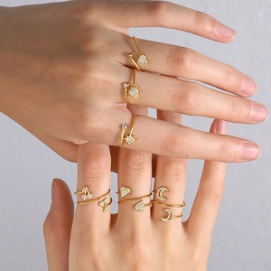 18K gold plated adjustable rings with star and heart charms and cubic zirconia stones