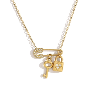18K gold necklace with safety pin, sparkling padlock and key pendants on fine chain