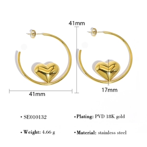 Detail showing 18K gold plated stainless steel heart charm hoop earrings dimensions