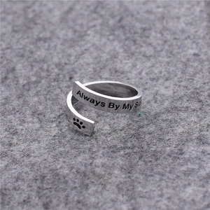Titanium steel ring with Always by my side engraving and paw print on brushed silver band