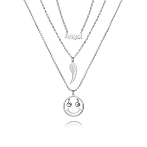Collier multicouche argenté avec pendentif Angel, plume et charm visage souriant