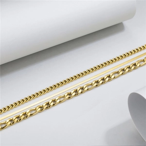 Minimalist gold plated stainless steel Figaro and snake chain necklace set for women
