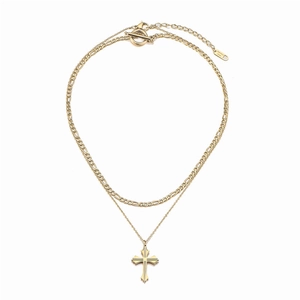 Collier double rang vintage doré avec chaîne Figaro, pendentif croix et fermoir en T