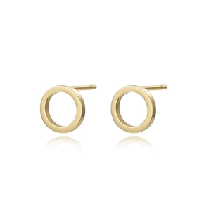 Detailed view of circular geometric stud earrings with polished light gold finish