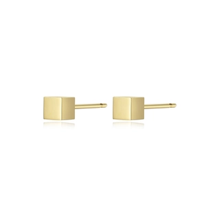 Detailed view of minimalist gold stainless steel cube stud earrings with smooth finish