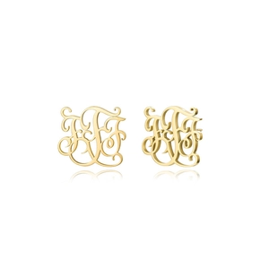 Detailansicht goldener, kunstvoll durchbrochener Buchstaben-Ohrstecker mit Metallglanz