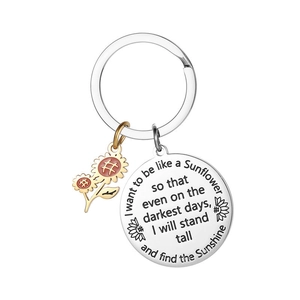 Sunflower stainless steel keychain with engraved inspirational round tag and gold charm