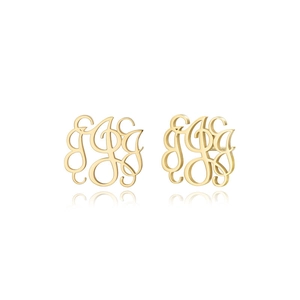 Makro-Detail von goldenen Schreibschrift-Ohrsteckern mit hochglanzpoliertem Metallic-Finish