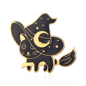 Titanium steel enamel wizard cat brooch with moon hat on broomstick, Halloween accessory