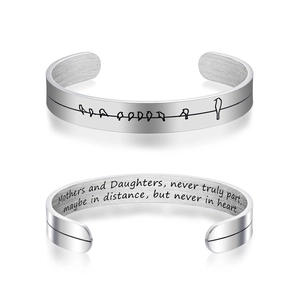 Stainless Steel Engraved Cuff Bracelet Inspirational Quote For Mom Mother and Daughter Bird Pattern Brushed Bangle Mother's Day Jewelry Gift For Women