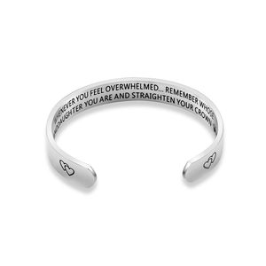 Adjustable silver stainless steel C-shaped cuff bracelet with heart detail and engraving