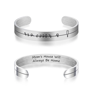 Silver stainless steel 10mm cuff bracelet with birds and Mom's House engraving
