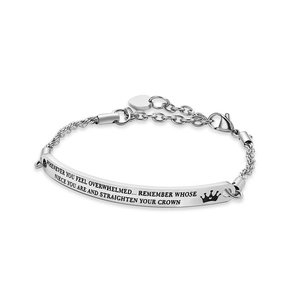 Silbernes Edelstahl-Armband mit graviertem Stab, Kette und Kronen-Herz-Anhänger