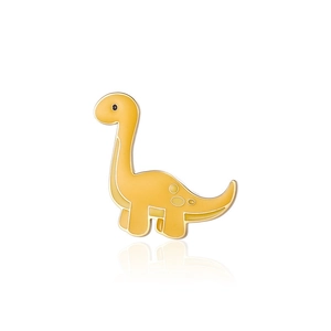 Macro detail of yellow enamel dinosaur brooch with cute cartoon brachiosaurus pattern