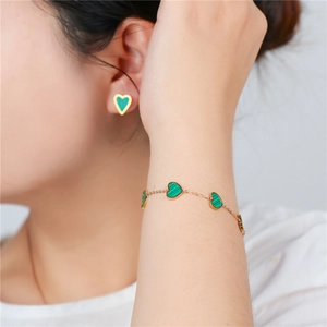 Parure de bijoux en acier inoxydable doré 18K avec cœurs en malachite verte pour femme