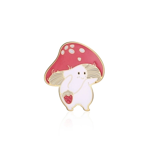 Cute mushroom enamel brooch with strawberry bag, red and white pin on white background