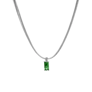 Detail of silver snake chain necklace featuring a rectangular emerald green zircon pendant
