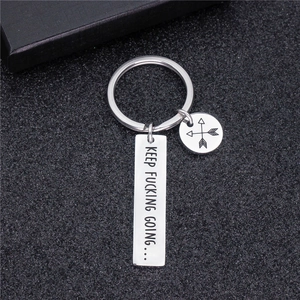 Inspirational stainless steel keychain with Keep Fucking Going engraving and arrow charm