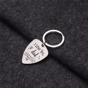 Polished stainless steel guitar pick keychain engraved with I Love You Dad message