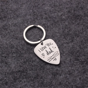 Brushed stainless steel guitar pick keychain engraved with I Love You Dad message